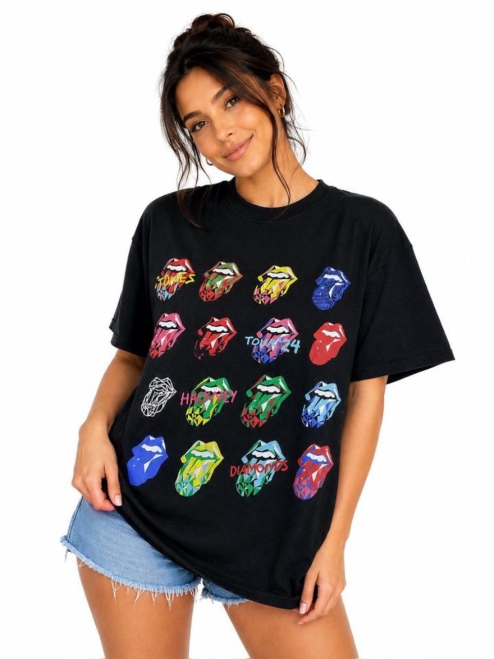 the Rolling Stones Black Kids Tee with Multicolor Tongue Grid
